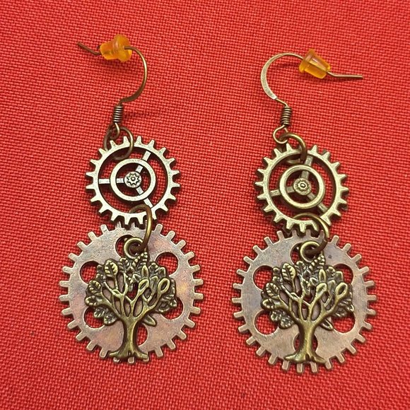 Dangling Gear Earrings Tree of Life Bronze - Picture 3 of 9